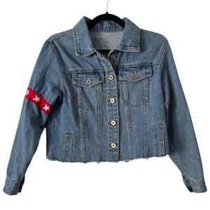 Balboa Denim Medium Wash Tiger Sequin Raw Hem Trucker Jacket Size Small Juniors